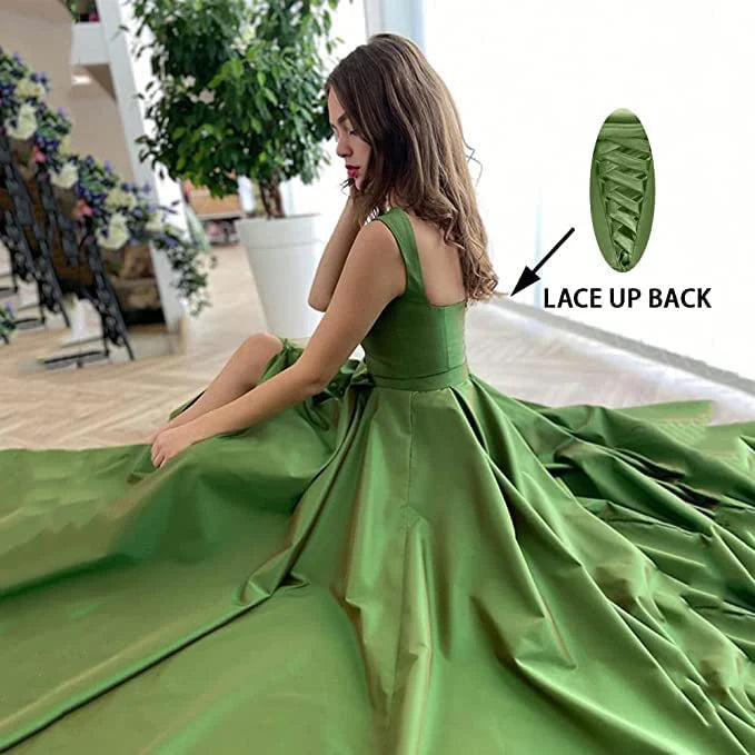Wholesale A Line Green Straps Floor Length Prom Dress With Pockets