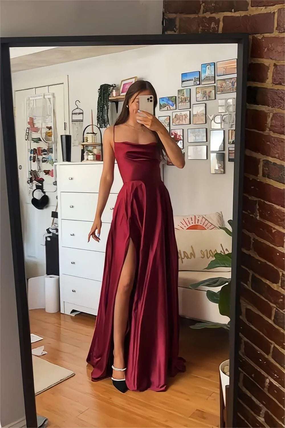 TingPo Wholesale A Line Spaghetti Straps Burgundy Long Prom Dress with Split Front