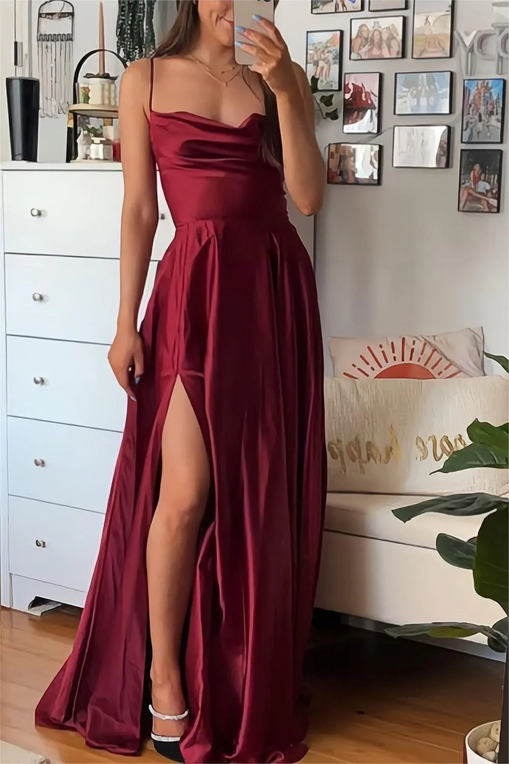TingPo Wholesale A Line Spaghetti Straps Burgundy Long Prom Dress with Split Front
