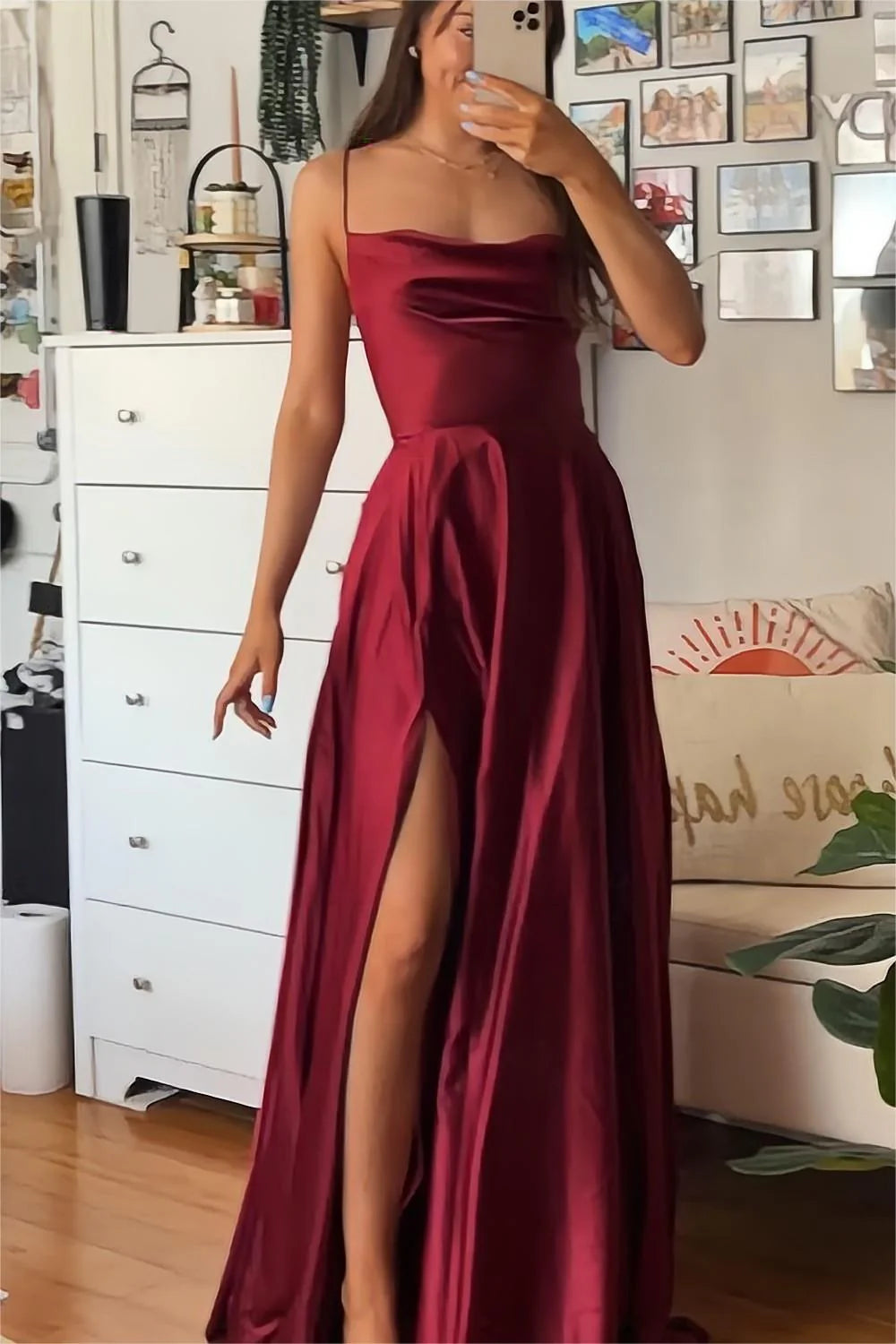TingPo Wholesale A Line Spaghetti Straps Burgundy Long Prom Dress with Split Front