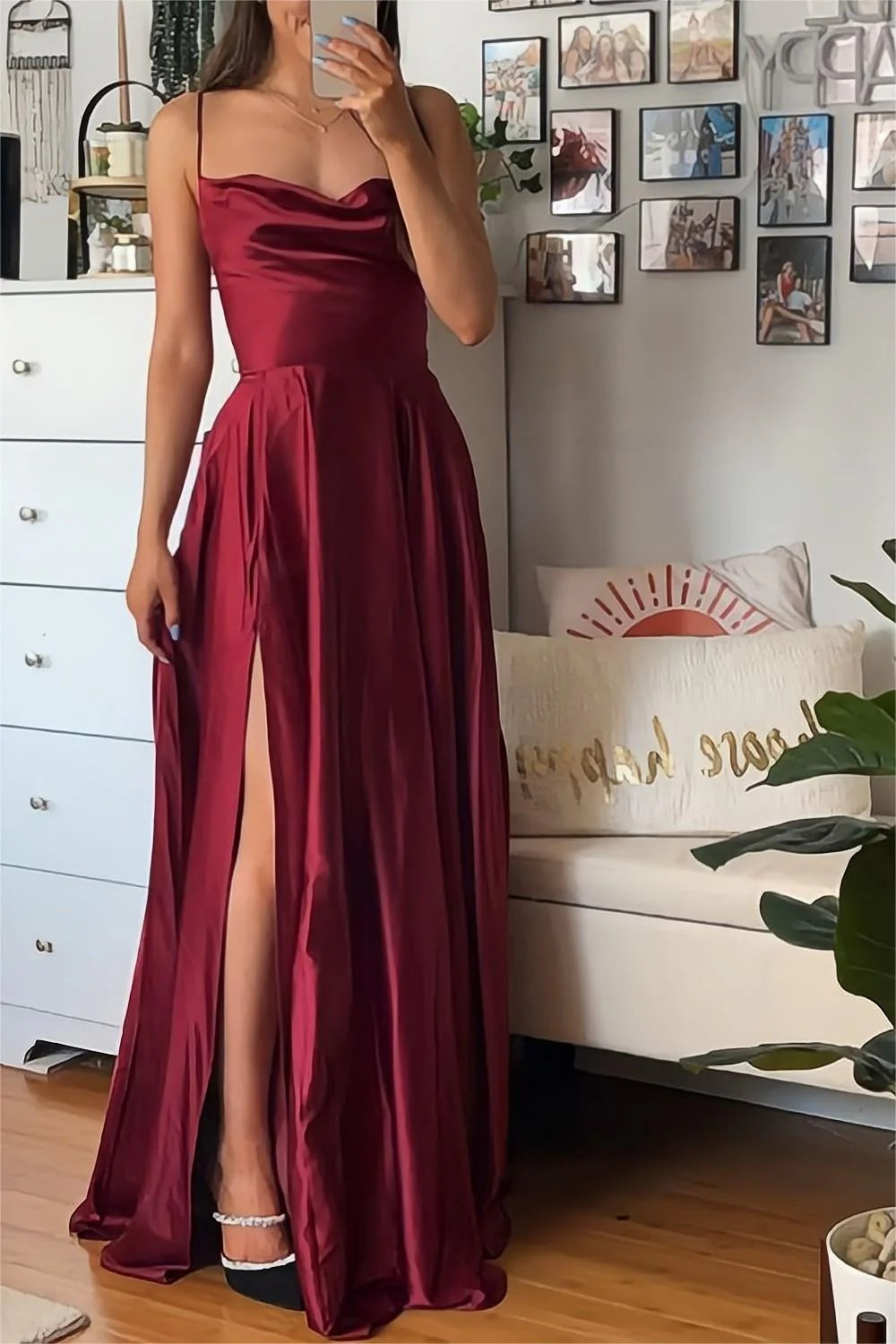 TingPo Wholesale A Line Spaghetti Straps Burgundy Long Prom Dress with Split Front