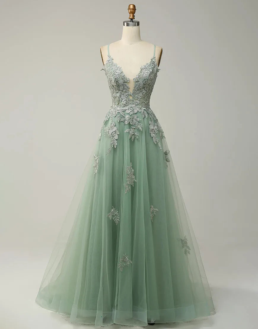 Wholesale A-Line Tulle Spaghetti Straps Appliques Long Prom Dress with Slit prom dresses with long sleeves