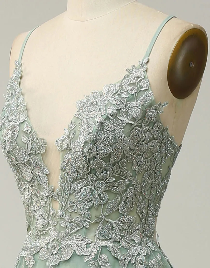 Wholesale A-Line Tulle Spaghetti Straps Appliques Long Prom Dress with Slit prom dresses with long sleeves