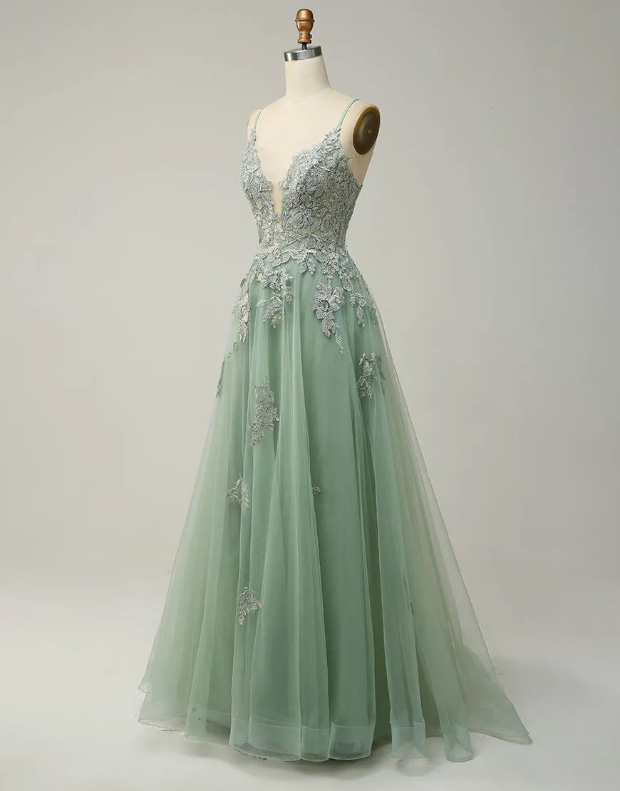 Wholesale A-Line Tulle Spaghetti Straps Appliques Long Prom Dress with Slit prom dresses with long sleeves