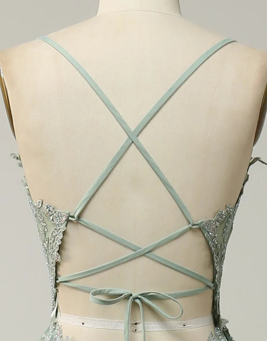 Wholesale A-Line Tulle Spaghetti Straps Appliques Long Prom Dress with Slit prom dresses with long sleeves