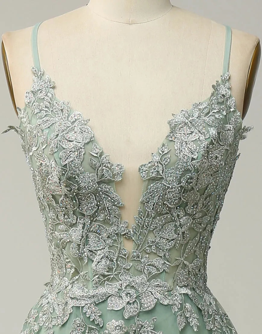 Wholesale A-Line Tulle Spaghetti Straps Appliques Long Prom Dress with Slit prom dresses with long sleeves