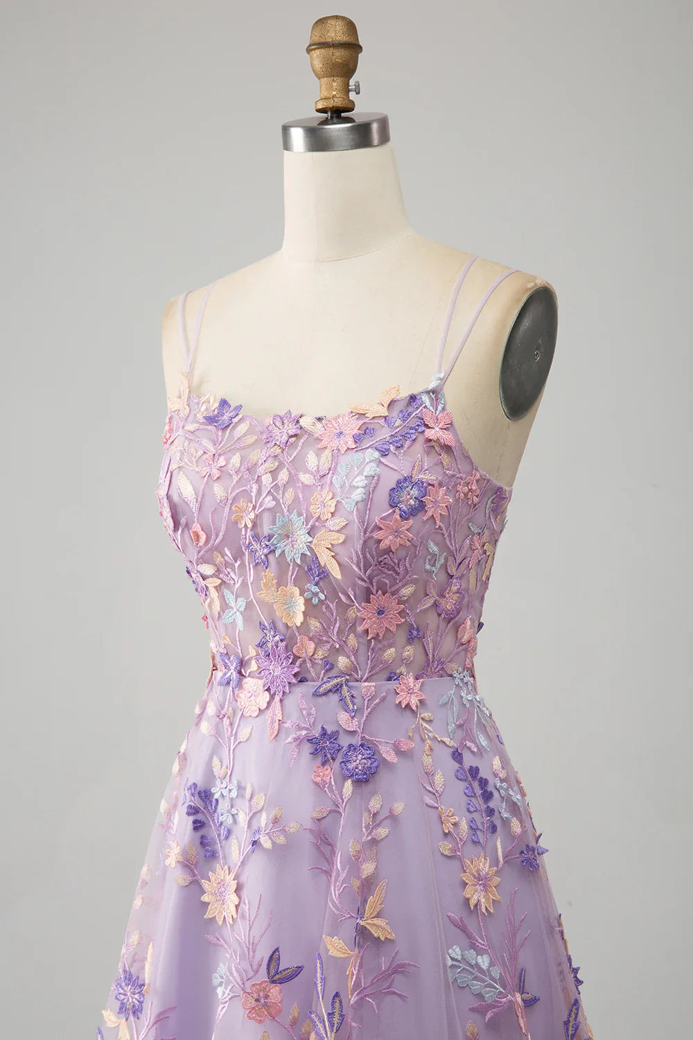 TingPo Wholesale A Line Spaghetti Straps Front Slit Tulle Mauve Prom Dress With Embroidery