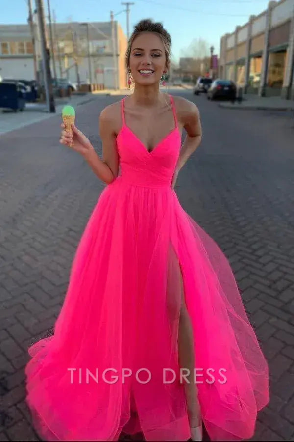 TingPo Wholesale A Line V Neck Hot Pink Tulle Prom Dresses Formal Dresses