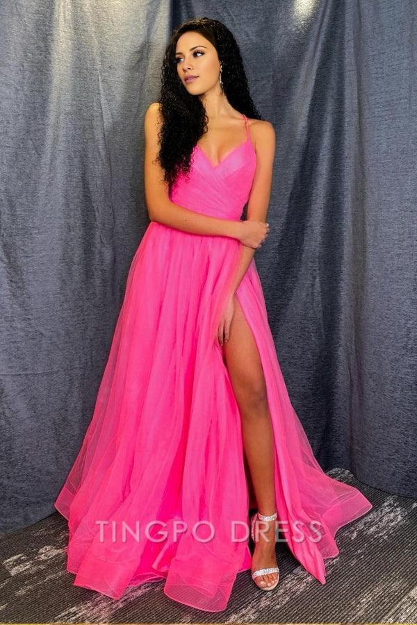TingPo Wholesale A Line V Neck Hot Pink Tulle Prom Dresses Formal Dresses