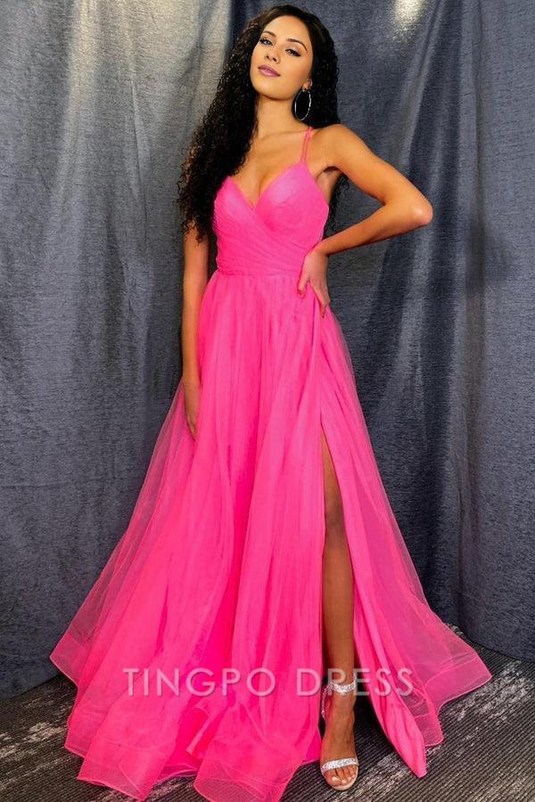 TingPo Wholesale A Line V Neck Hot Pink Tulle Prom Dresses Formal Dresses