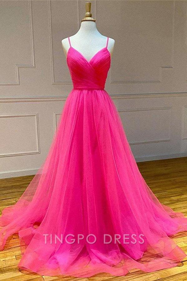 TingPo Wholesale A Line V Neck Hot Pink Tulle Prom Dresses Formal Dresses