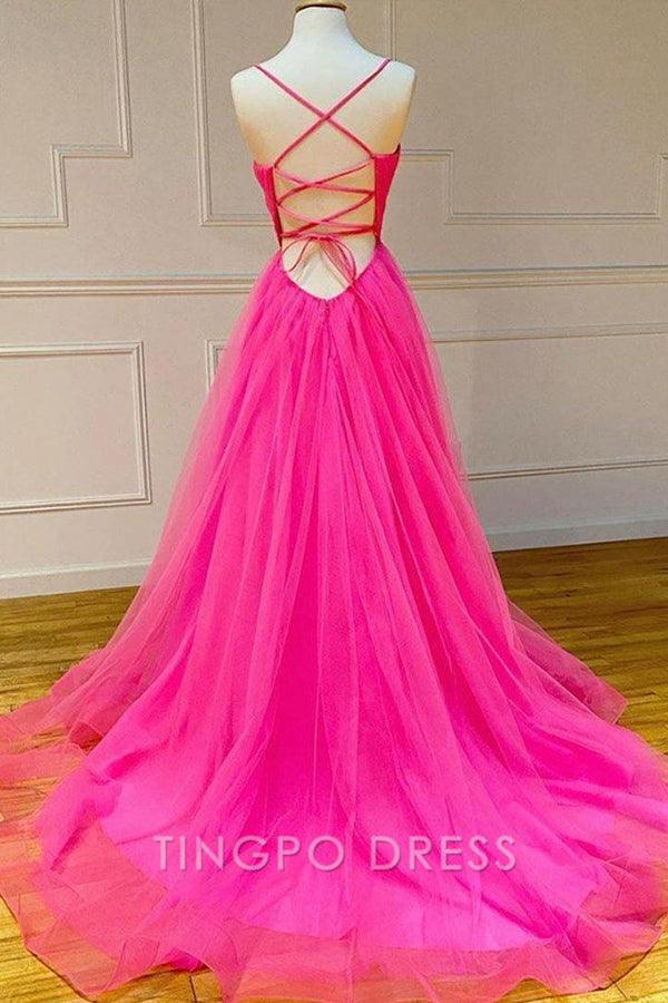 TingPo Wholesale A Line V Neck Hot Pink Tulle Prom Dresses Formal Dresses