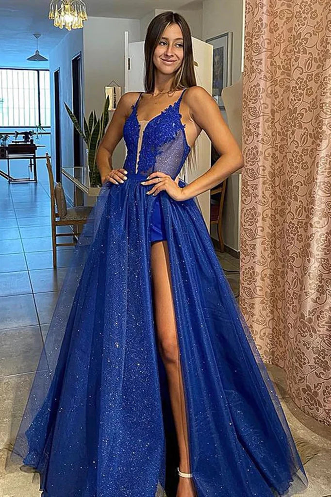 Wholesale A Line Shiny V Neck Royal Blue Lace Long Prom Dresses