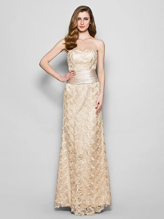 Wholesale Mother of the Bride Dress Wrap Included Sweetheart Neckline Floor Length Lace Satin 3/4 Length Sleeve with Sash Ribbon Ruched