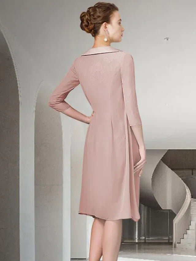 Wholesale Mother of the Bride Dress Elegant Jewel Neck Knee Length Chiffon Lace Half Sleeve with Ruched Appliques