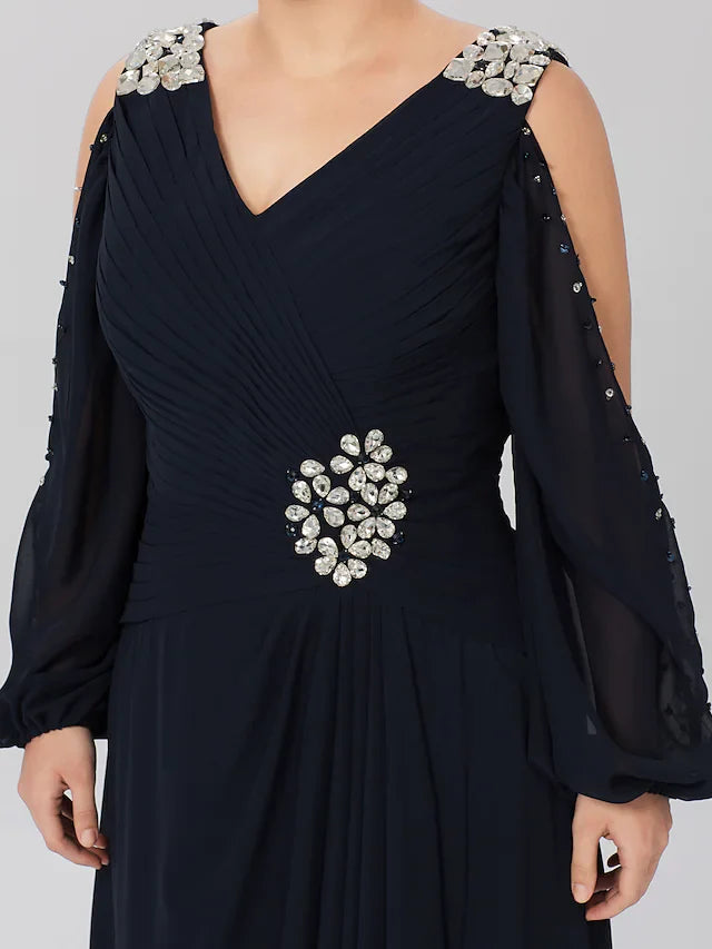 Wholesale Mother of the Bride Dress Classic & Timeless Elegant & Luxurious Plus Size V Neck Asymmetrical Chiffon Stretch Satin Long Sleeve with Criss Cross Crystals