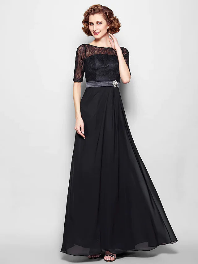 Wholesale A-Line Mother of the Bride Dress Jewel Neck Floor Length Chiffon Lace Half Sleeve with Lace Sash Ribbon Crystal Brooch