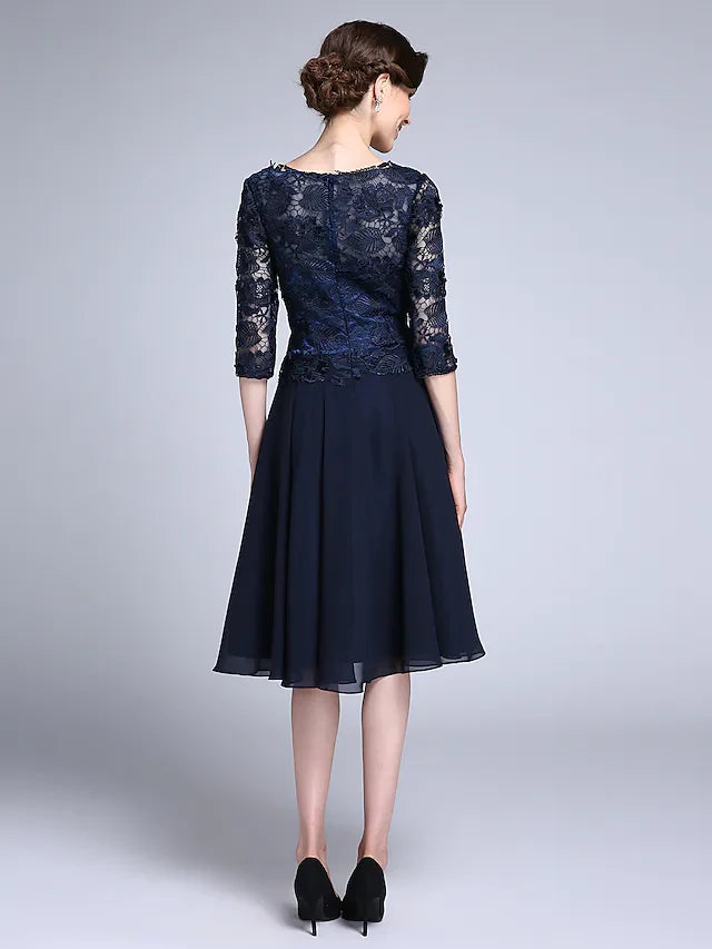 Wholesale Mother of the Bride Dress Elegant V Neck Knee Length Chiffon Sheer Lace Half Sleeve with Lace