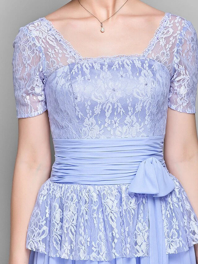 Wholesale A-Line Mother of the Bride Dress Square Neck Knee Length Chiffon Lace Short Sleeve with Lace Bow(s) Ruched