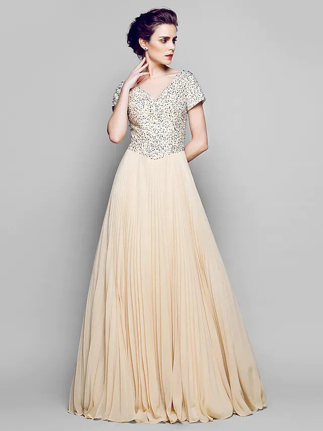 Wholesale A-Line Mother of the Bride Dress Sparkle & Shine Bateau Neck Floor Length Chiffon Tulle Sequined Short Sleeve with Sequin