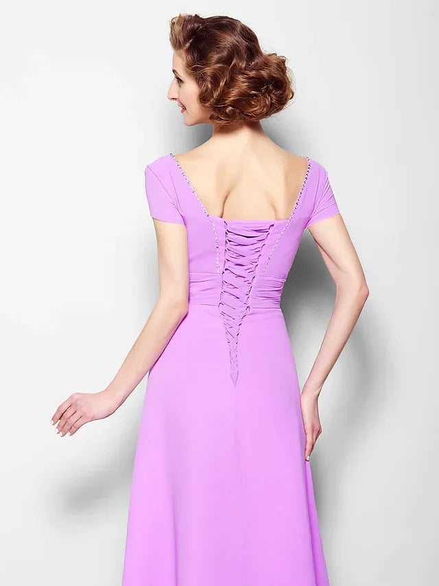 Wholesale A-Line Mother of the Bride Dress Lace Up Square Neck Floor Length Georgette Short Sleeve with Ruched Beading