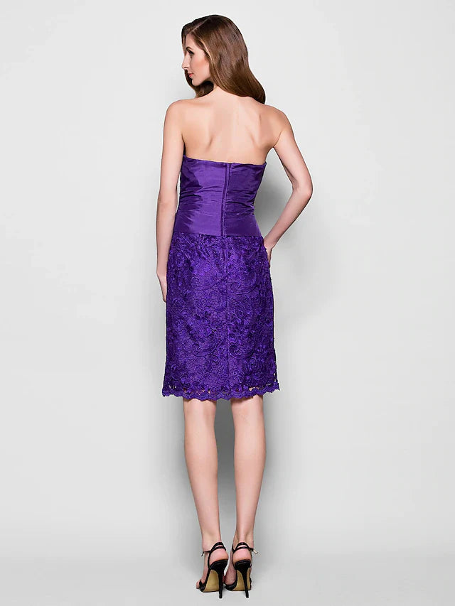 Wholesale Mother of the Bride Dress Strapless Knee Length Lace Taffeta Sleeveless with Lace Pleats