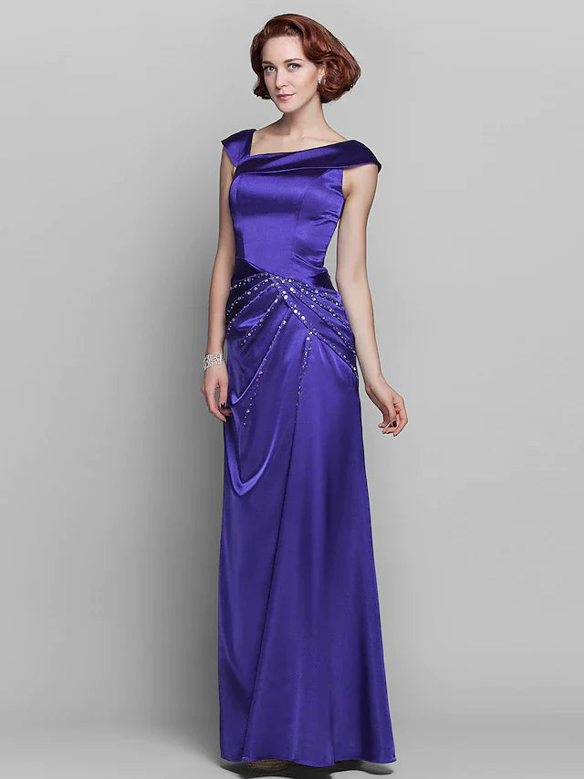Wholesale Mother of the Bride Dress Elegant Off Shoulder Floor Length Stretch Satin Sleeveless with Beading Side Draping
