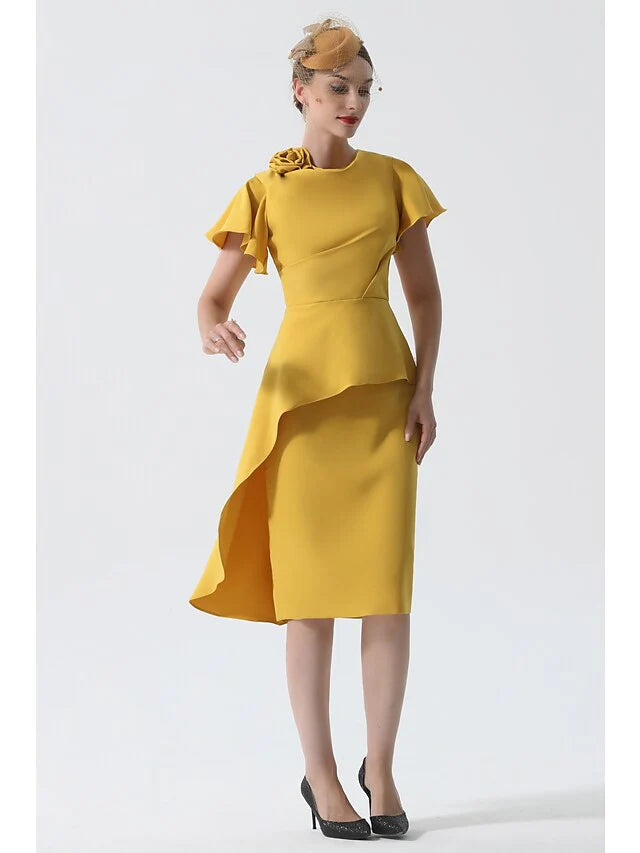 Wholesale Mother of the Bride Dress Elegant Cowl Neck Knee Length Stretch Satin Short Sleeve with Ruching