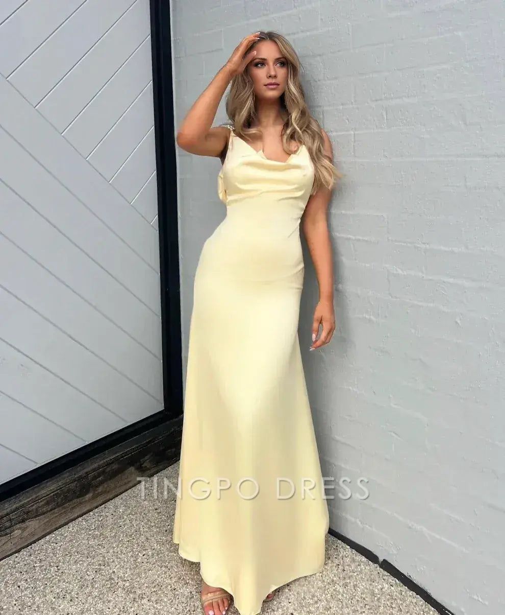 TingPo Wholesale A line Backless Evening Party Dress Silk Satin Long Prom Dress