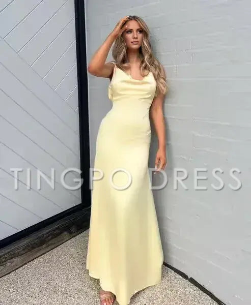 TingPo Wholesale A line Backless Evening Party Dress Silk Satin Long Prom Dress