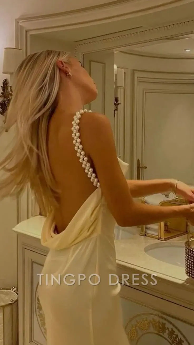 TingPo Wholesale A line Backless Evening Party Dress Silk Satin Long Prom Dress