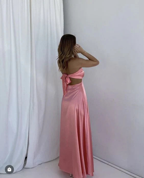TingPo Wholesale A line Pink Backless Evening Party Dress Long Pink Prom Dress