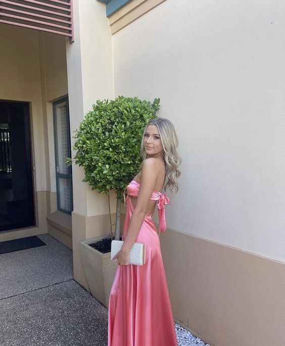 TingPo Wholesale A line Pink Backless Evening Party Dress Long Pink Prom Dress
