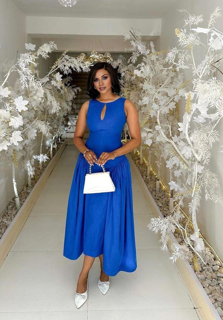 TingPo Wholesale A line Scoop Neckline Royal Blue Satin Evening Dress Party Dress Prom Dress