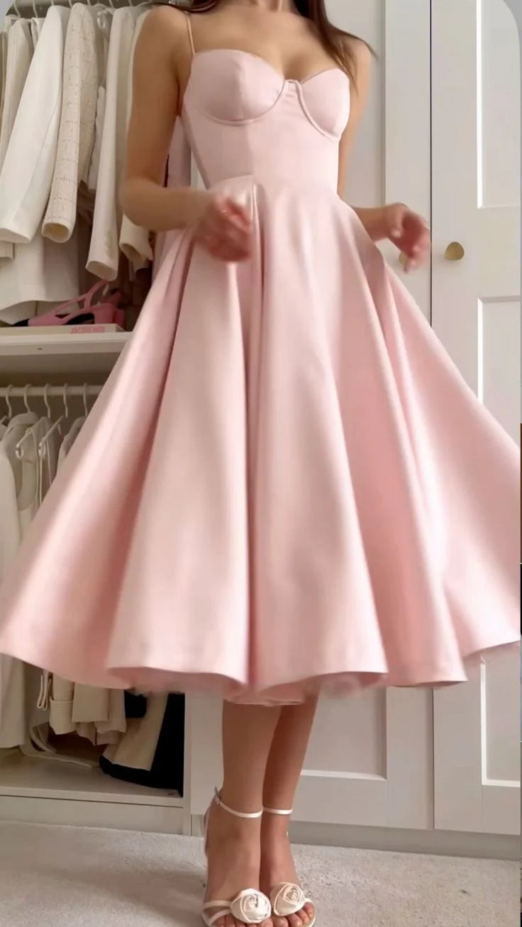 TingPo Wholesale A line Spaghetti Straps Pink Satin Evening Dress Party Dress Prom Dress