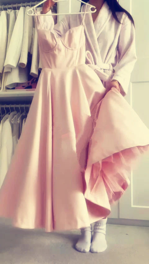 TingPo Wholesale A line Spaghetti Straps Pink Satin Evening Dress Party Dress Prom Dress