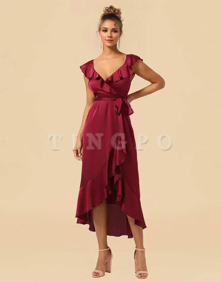 Wholesale Asymmetrical Burgundy V-Neck Satin Bridesmaid Dress With Ruffle Bridesmaid dress shop