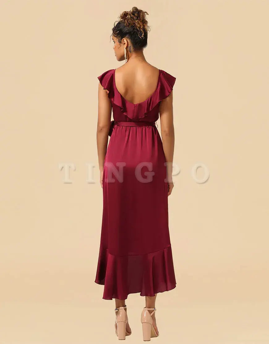 Wholesale Asymmetrical Burgundy V-Neck Satin Bridesmaid Dress With Ruffle Bridesmaid dress shop