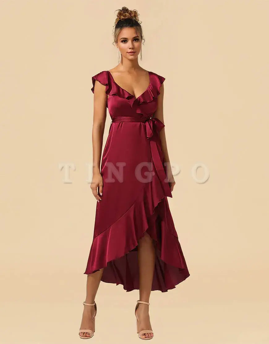 Wholesale Asymmetrical Burgundy V-Neck Satin Bridesmaid Dress With Ruffle Bridesmaid dress shop