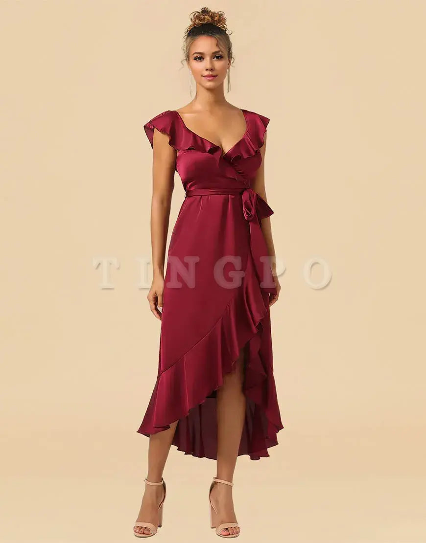 Wholesale Asymmetrical Burgundy V-Neck Satin Bridesmaid Dress With Ruffle Bridesmaid dress shop