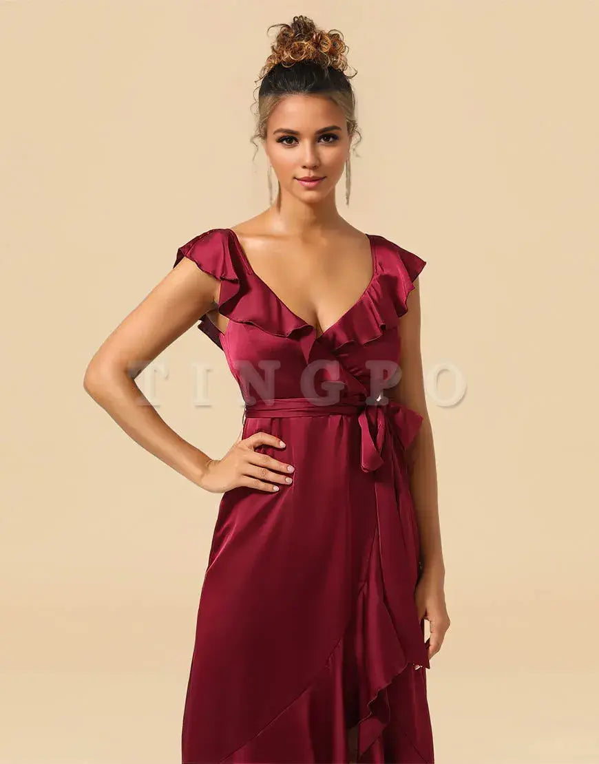 Wholesale Asymmetrical Burgundy V-Neck Satin Bridesmaid Dress With Ruffle Bridesmaid dress shop