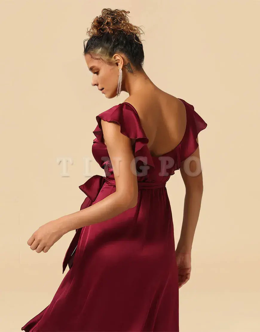 Wholesale Asymmetrical Burgundy V-Neck Satin Bridesmaid Dress With Ruffle Bridesmaid dress shop