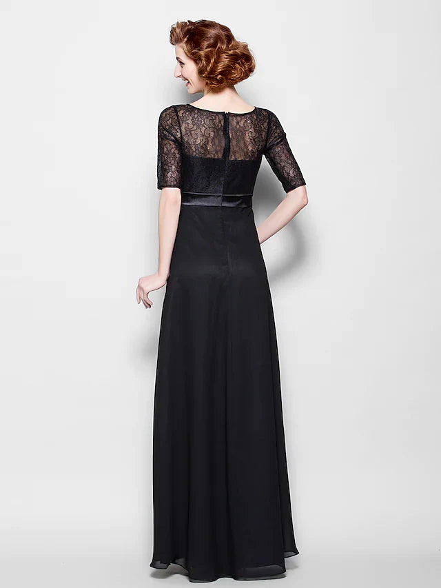 Wholesale A-Line Mother of the Bride Dress Jewel Neck Floor Length Chiffon Lace Half Sleeve with Lace Sash Ribbon Crystal Brooch
