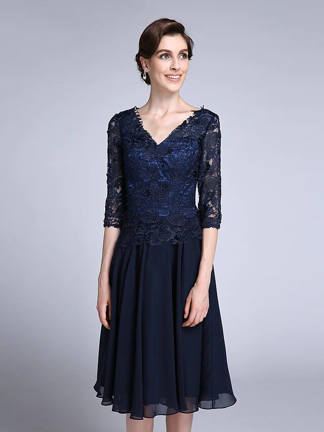 Wholesale Mother of the Bride Dress Elegant V Neck Knee Length Chiffon Sheer Lace Half Sleeve with Lace