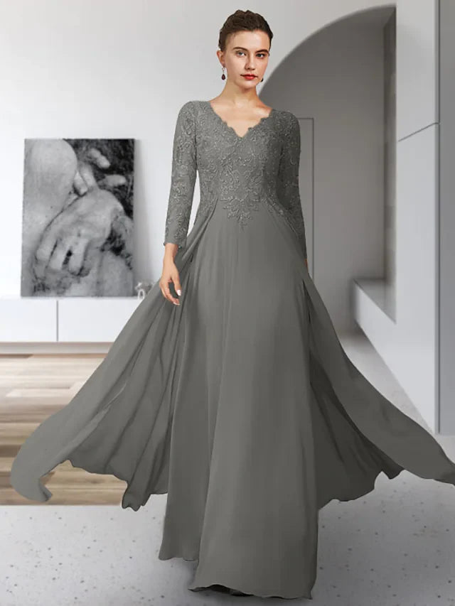 Wholesale Mother of the Bride Dress Elegant V Neck Floor Length Chiffon Lace 3/4 Length Sleeve with Pleats Appliques