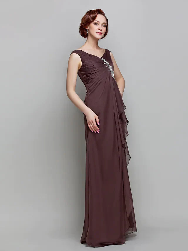 Wholesale A-Line Mother of the Bride Dress Vintage Inspired V Neck Floor Length Chiffon Sleeveless with Crystals Ruffles Side Draping