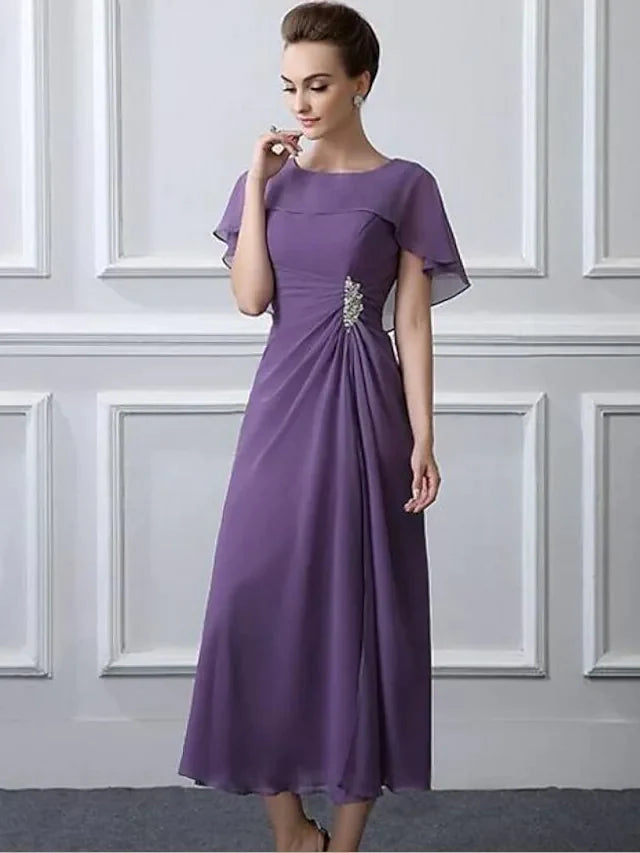 Wholesale A-Line Mother of the Bride Dress Plus Size Bateau Neck Tea Length Chiffon Short Sleeve with Ruffles Crystal Brooch Ruching