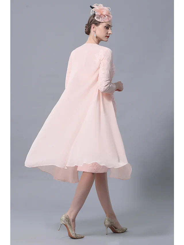 Wholesale Mother of the Bride Dress Plus Size Elegant Vintage Bateau Neck Knee Length Chiffon Lace 3/4 Length Sleeve with Appliques