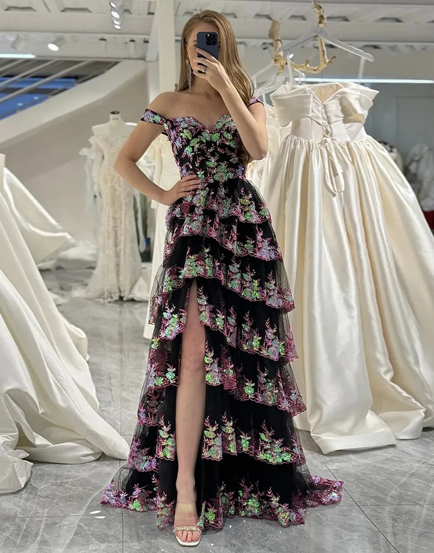 Wholesale Charming A-Line Sweep Train Long Tiered Prom Dress With Split long prom dresses with sleeves