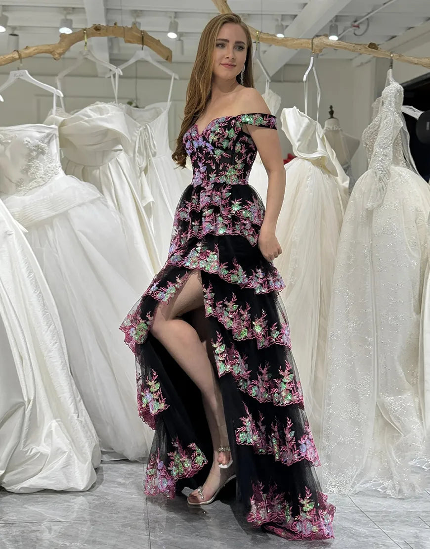 Wholesale Charming A-Line Sweep Train Long Tiered Prom Dress With Split long prom dresses with sleeves